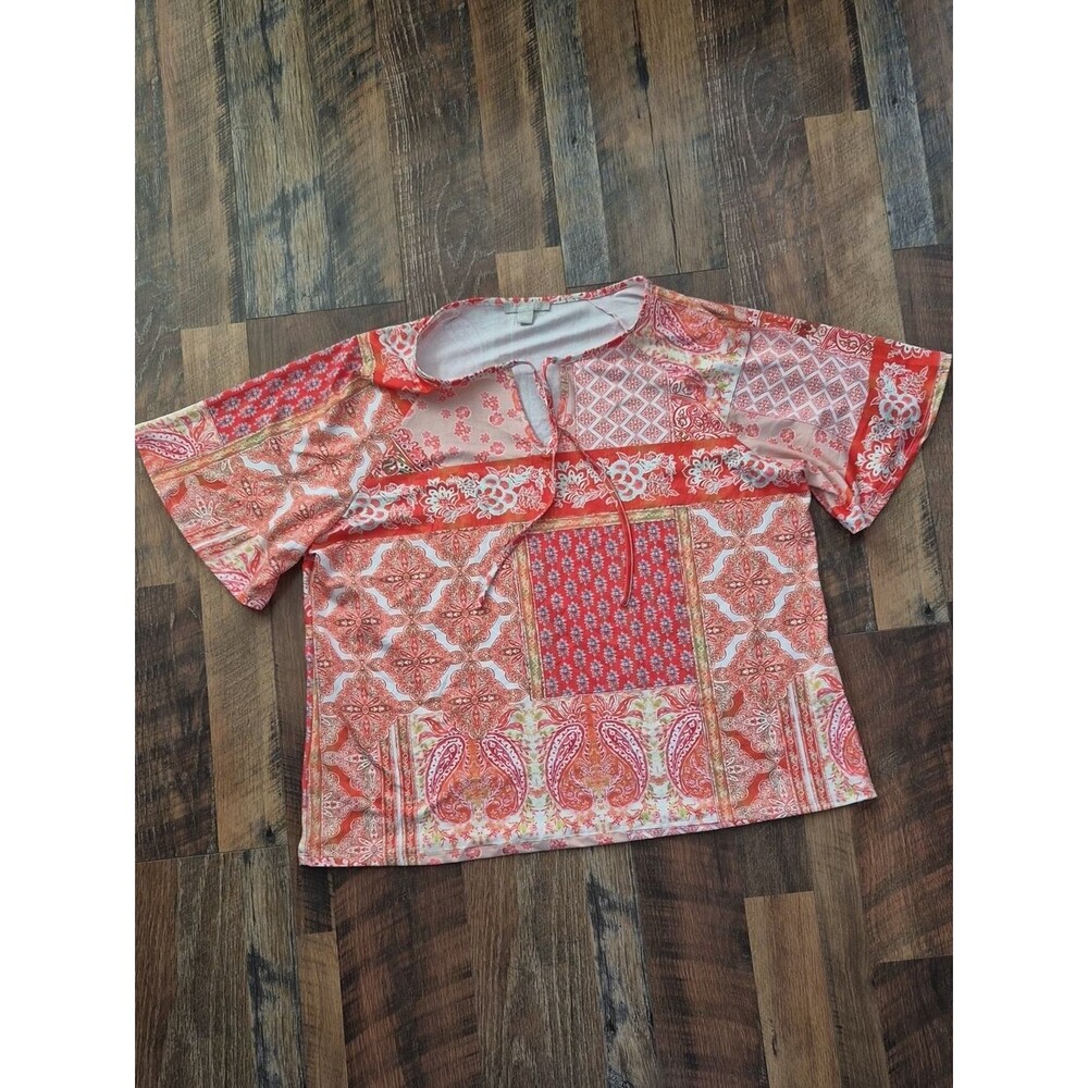 Sunny Leigh Orange Paisley Patchwork Short Sleeve Tee XL